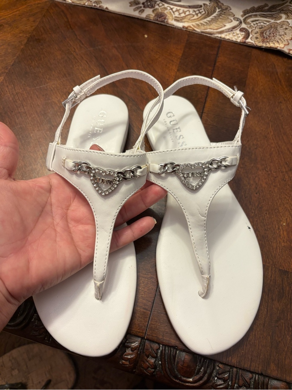 GUESS White Rhinestone Heart T-Strap Sandals